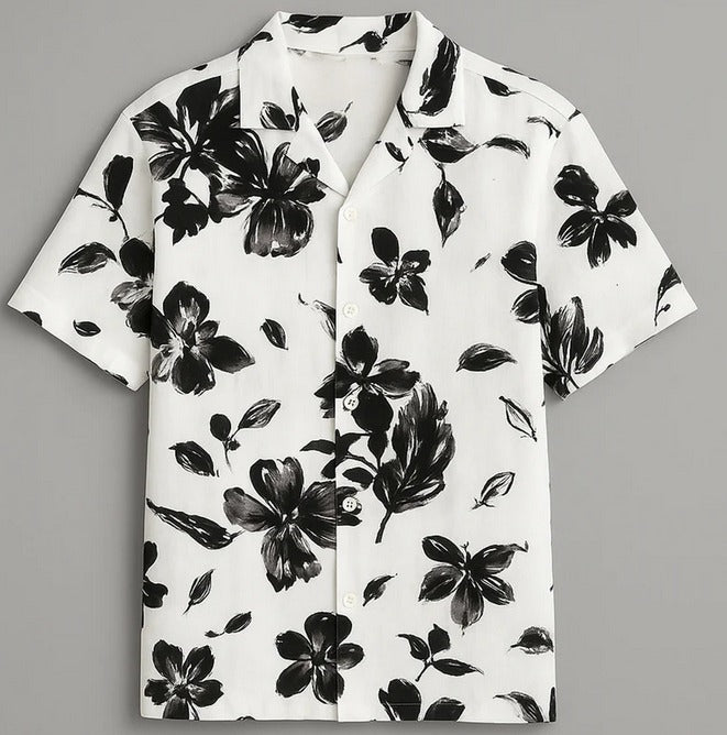 Premium Black Flower Print Shirt with Black Pants Set
