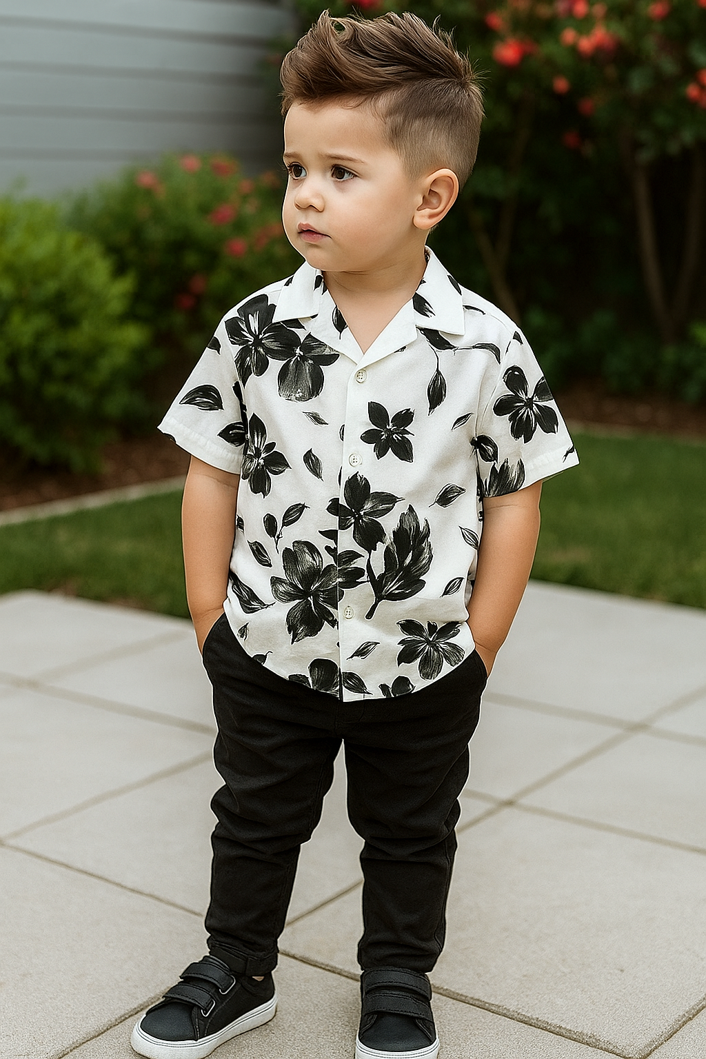 Premium Black Flower Print Shirt with Black Pants Set