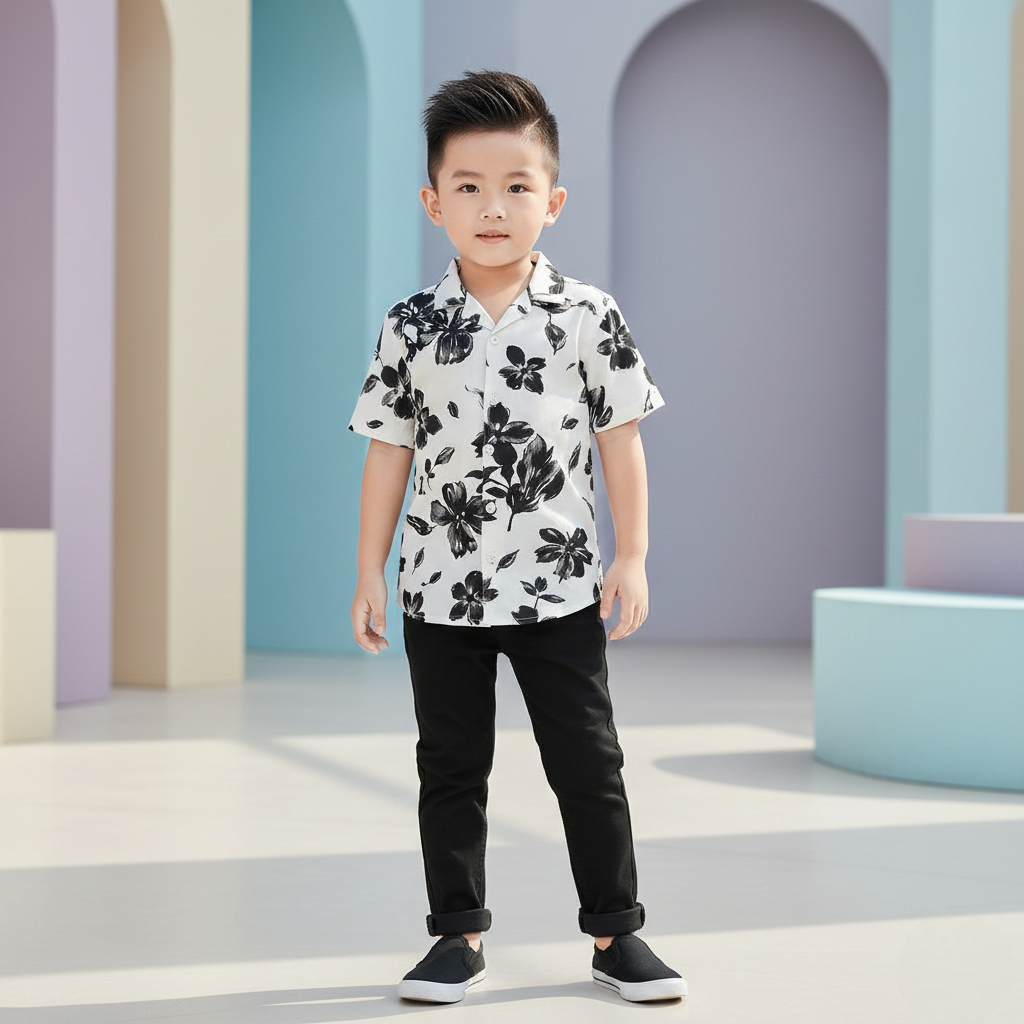 Premium Black Flower Print Shirt with Black Pants Set