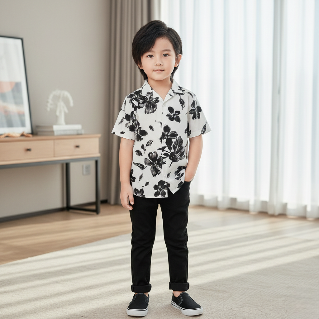 Premium Black Flower Print Shirt with Black Pants Set
