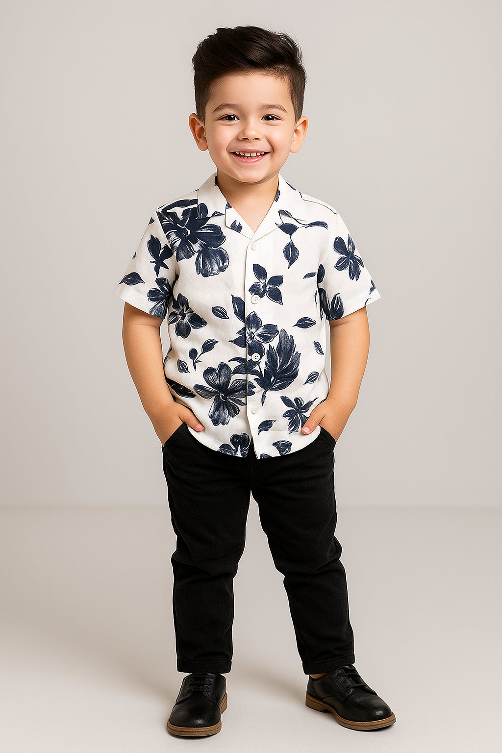 Premium Black Flower Print Shirt with Black Pants Set