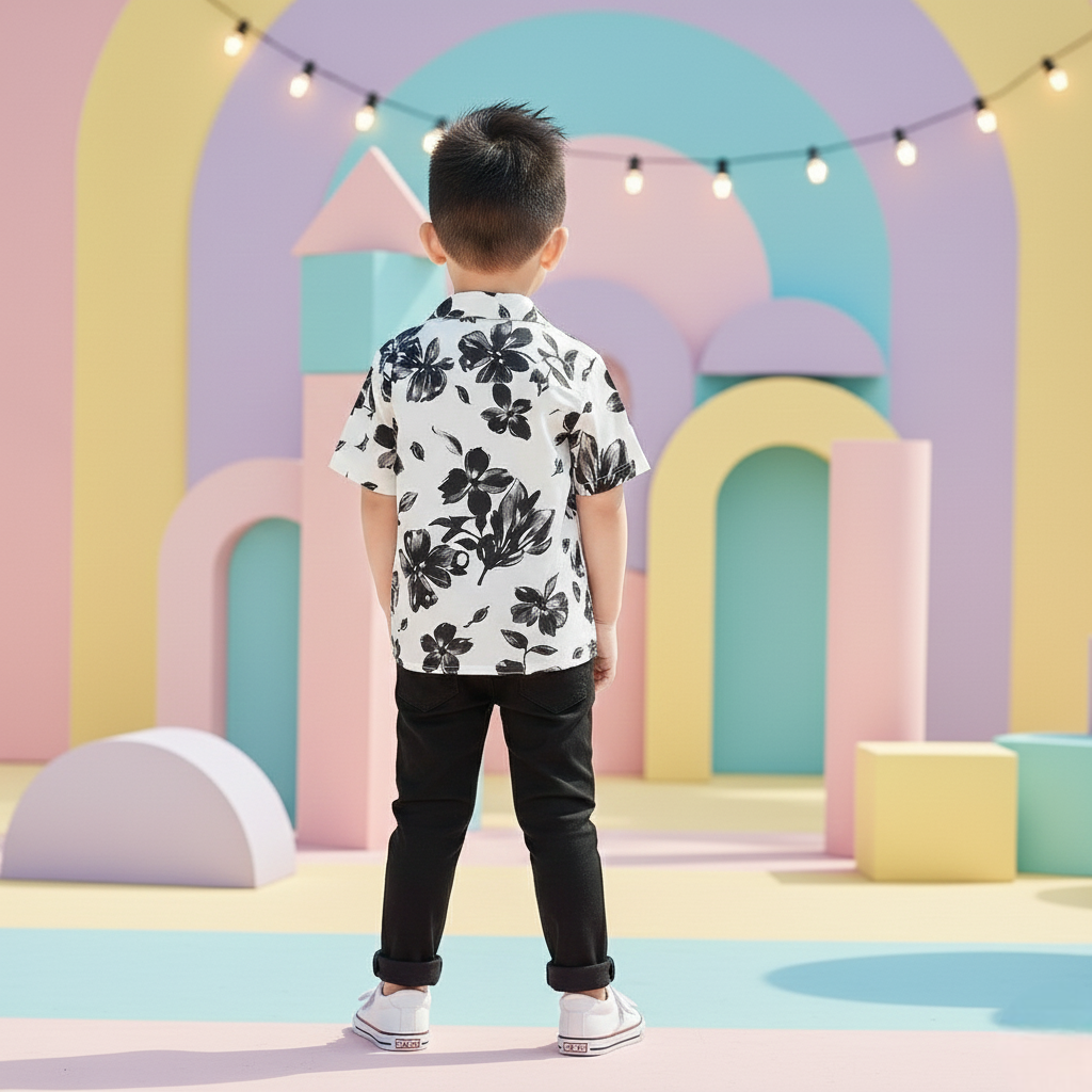 Premium Black Flower Print Shirt with Black Pants Set
