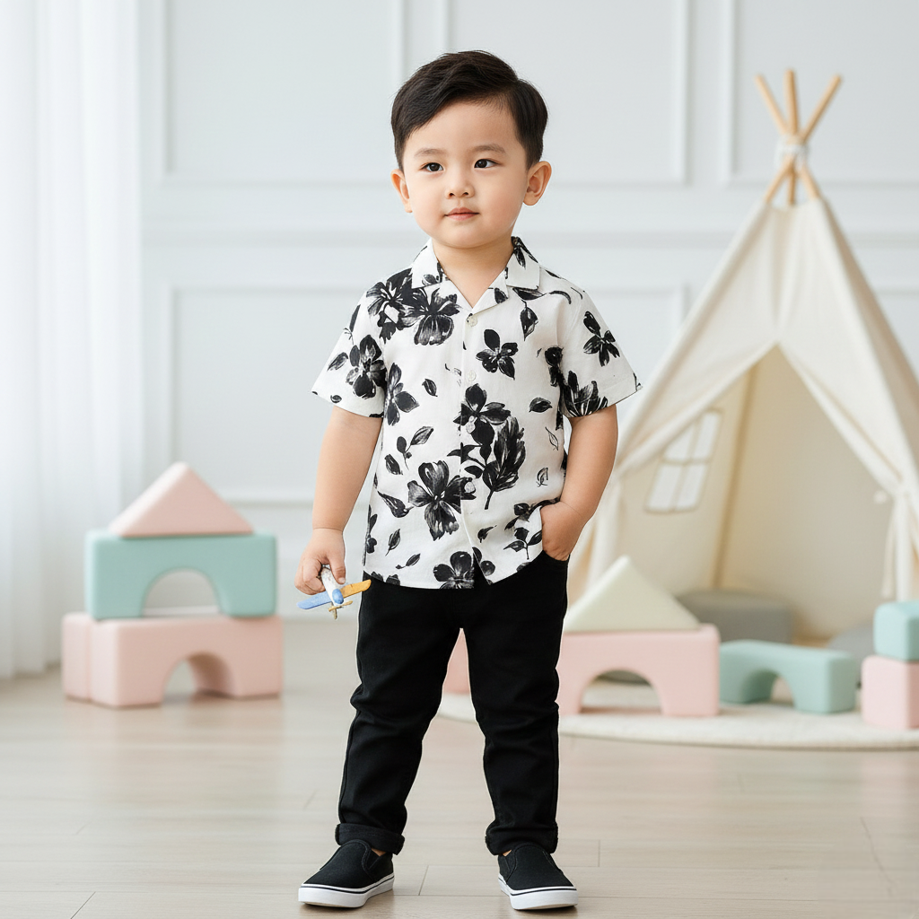 Premium Black Flower Print Shirt with Black Pants Set
