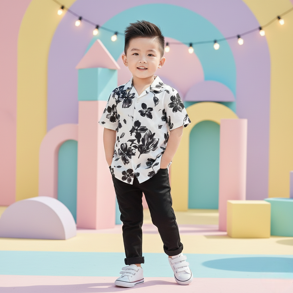 Premium Black Flower Print Shirt with Black Pants Set