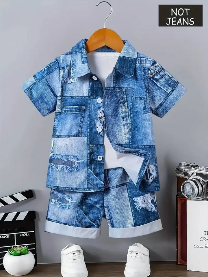 Kids Stylish Denim Blue Jins Shirt & Shorts Set