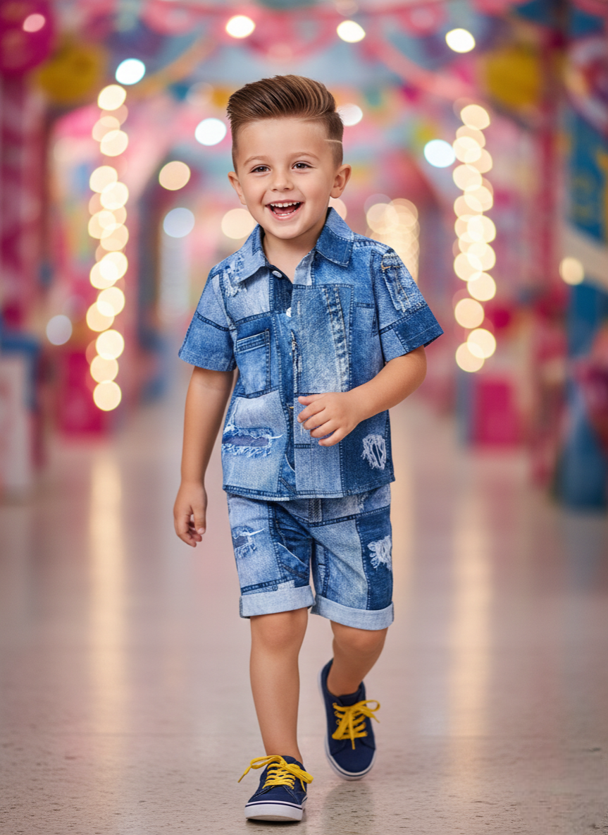 Kids Stylish Denim Blue Jins Shirt & Shorts Set