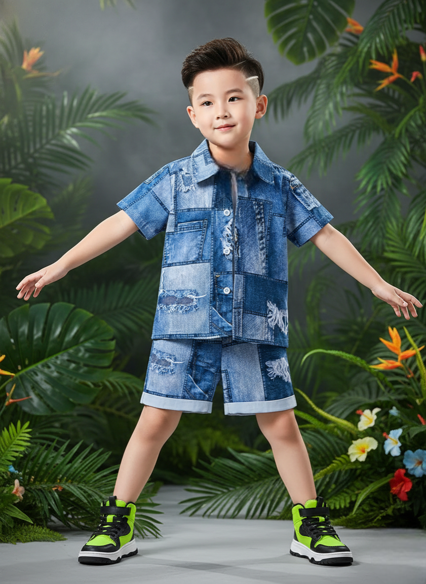Kids Stylish Denim Blue Jins Shirt & Shorts Set