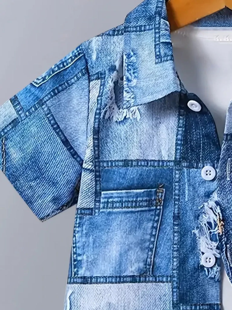 Kids Stylish Denim Blue Jins Shirt & Shorts Set