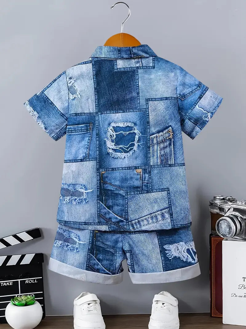 Kids Stylish Denim Blue Jins Shirt & Shorts Set