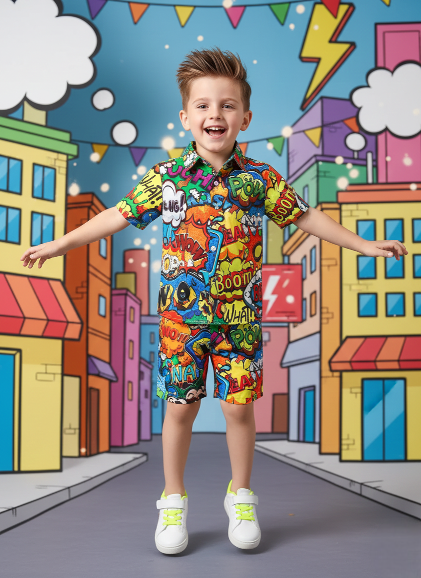 Kids BOOM Print Multicolor Shirt & Shorts Co-ord Set