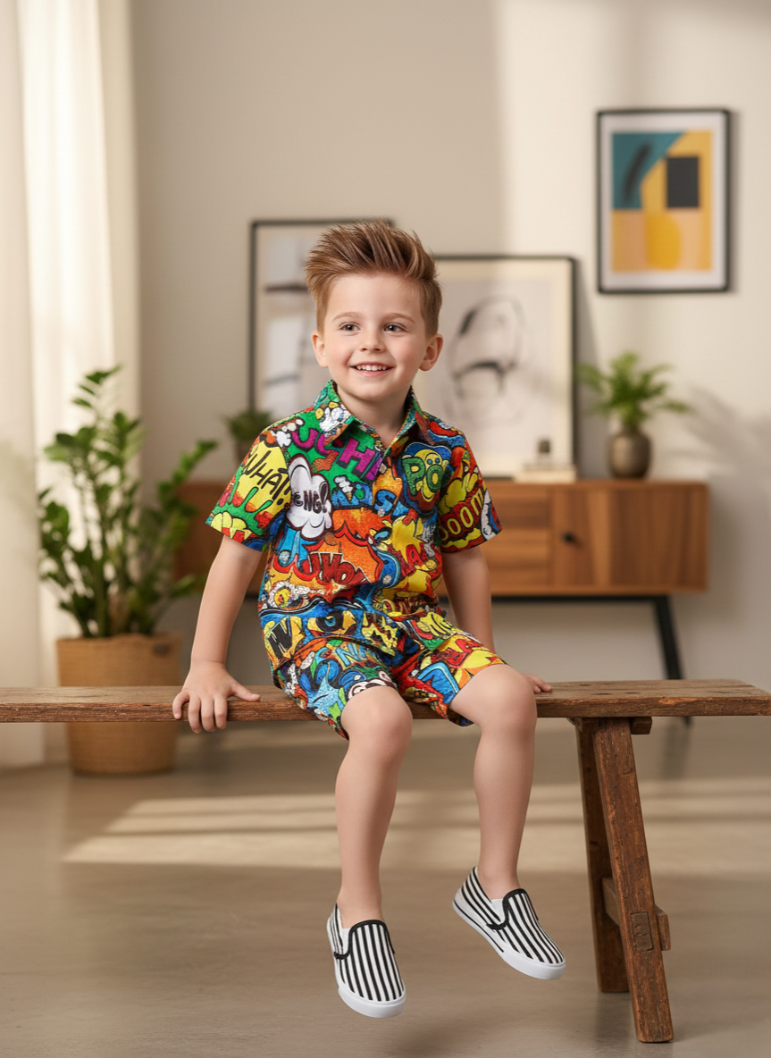Kids BOOM Print Multicolor Shirt & Shorts Co-ord Set
