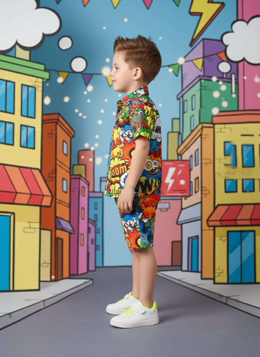 Kids BOOM Print Multicolor Shirt & Shorts Co-ord Set