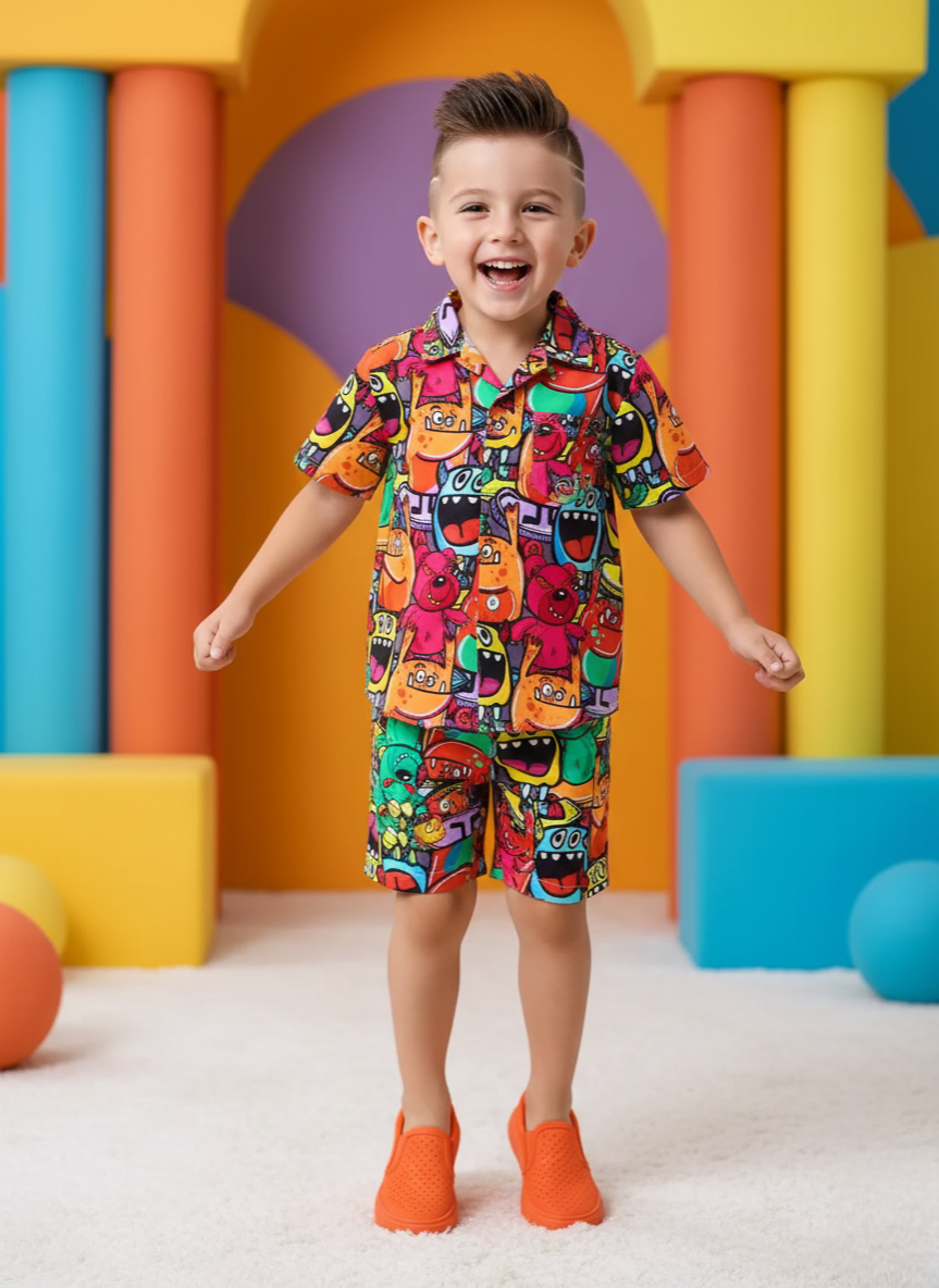 Multicolor Cartoon Printed Shirt & Shorts Co-ord Set for Boys