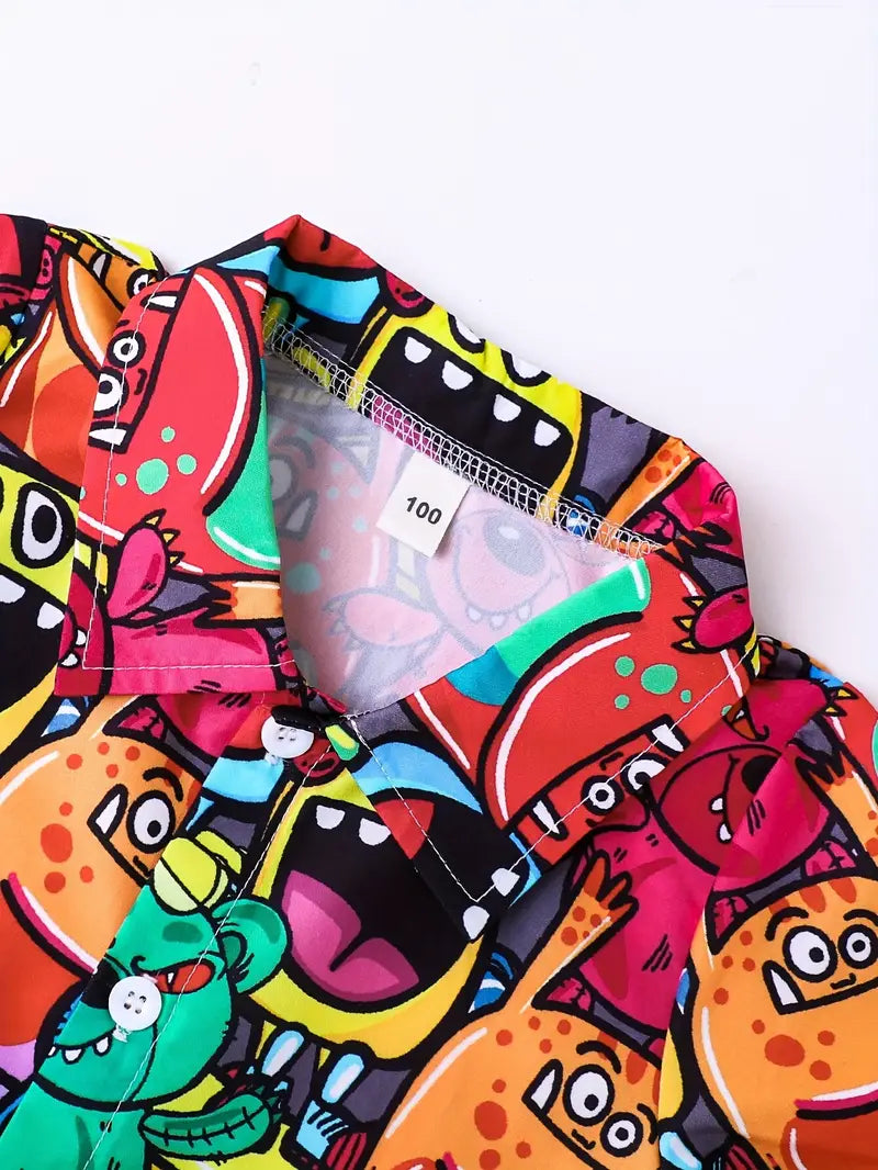Multicolor Cartoon Printed Shirt & Shorts Co-ord Set for Boys