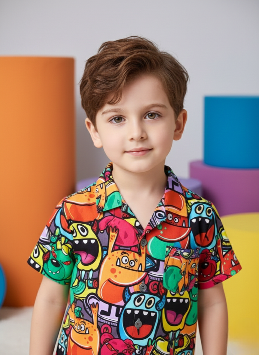 Multicolor Cartoon Printed Shirt & Shorts Co-ord Set for Boys