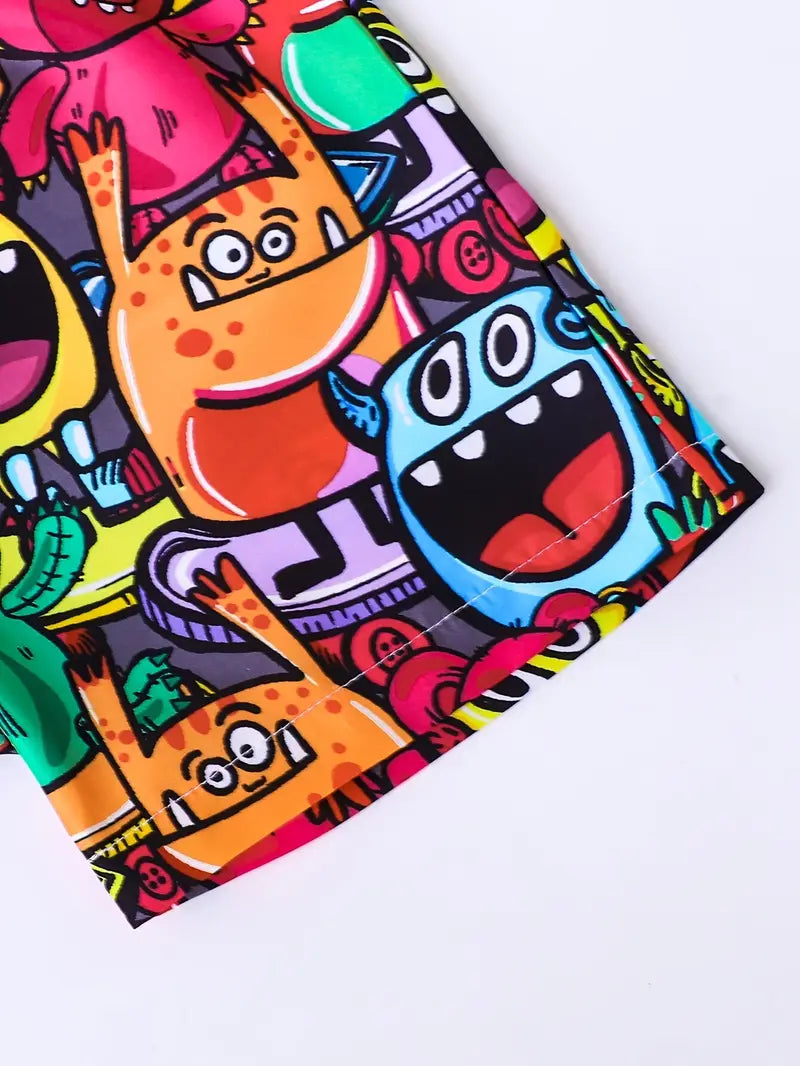 Multicolor Cartoon Printed Shirt & Shorts Co-ord Set for Boys