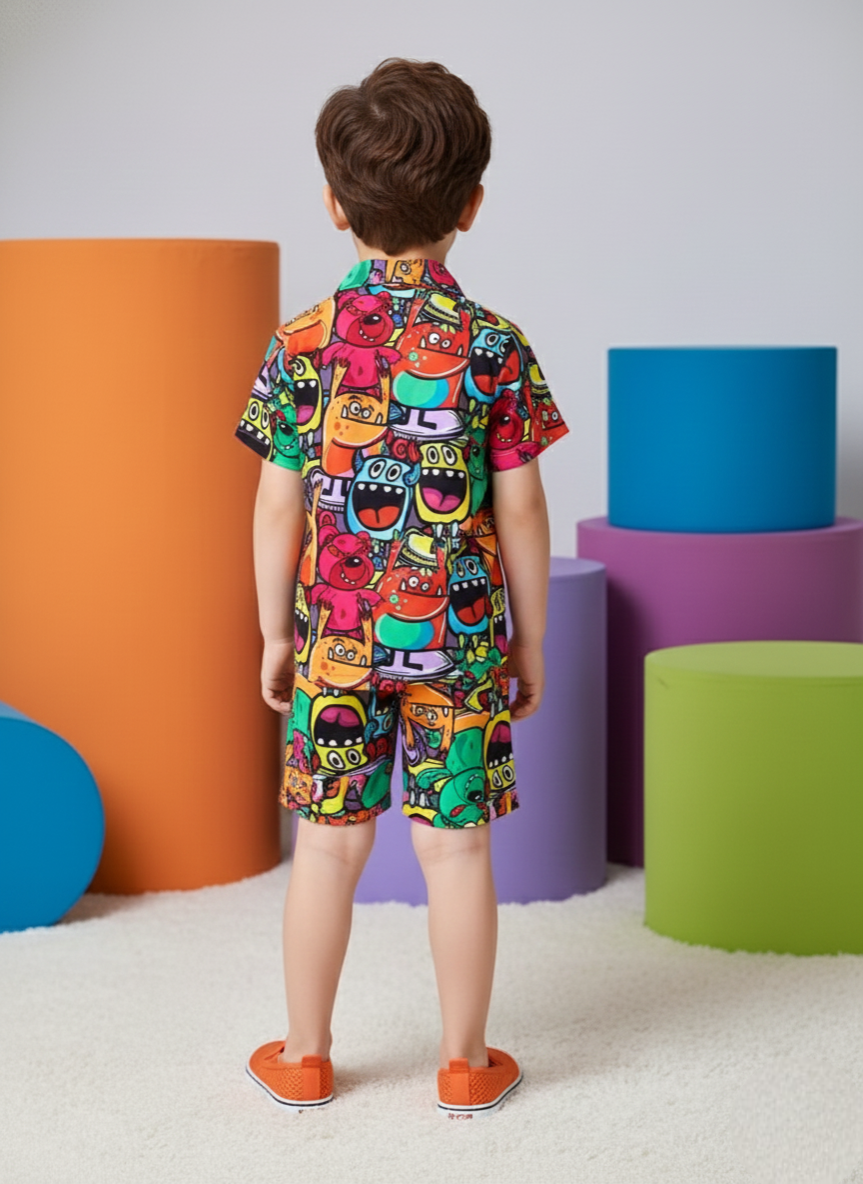 Multicolor Cartoon Printed Shirt & Shorts Co-ord Set for Boys