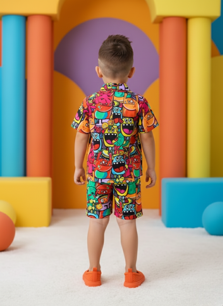 Multicolor Cartoon Printed Shirt & Shorts Co-ord Set for Boys