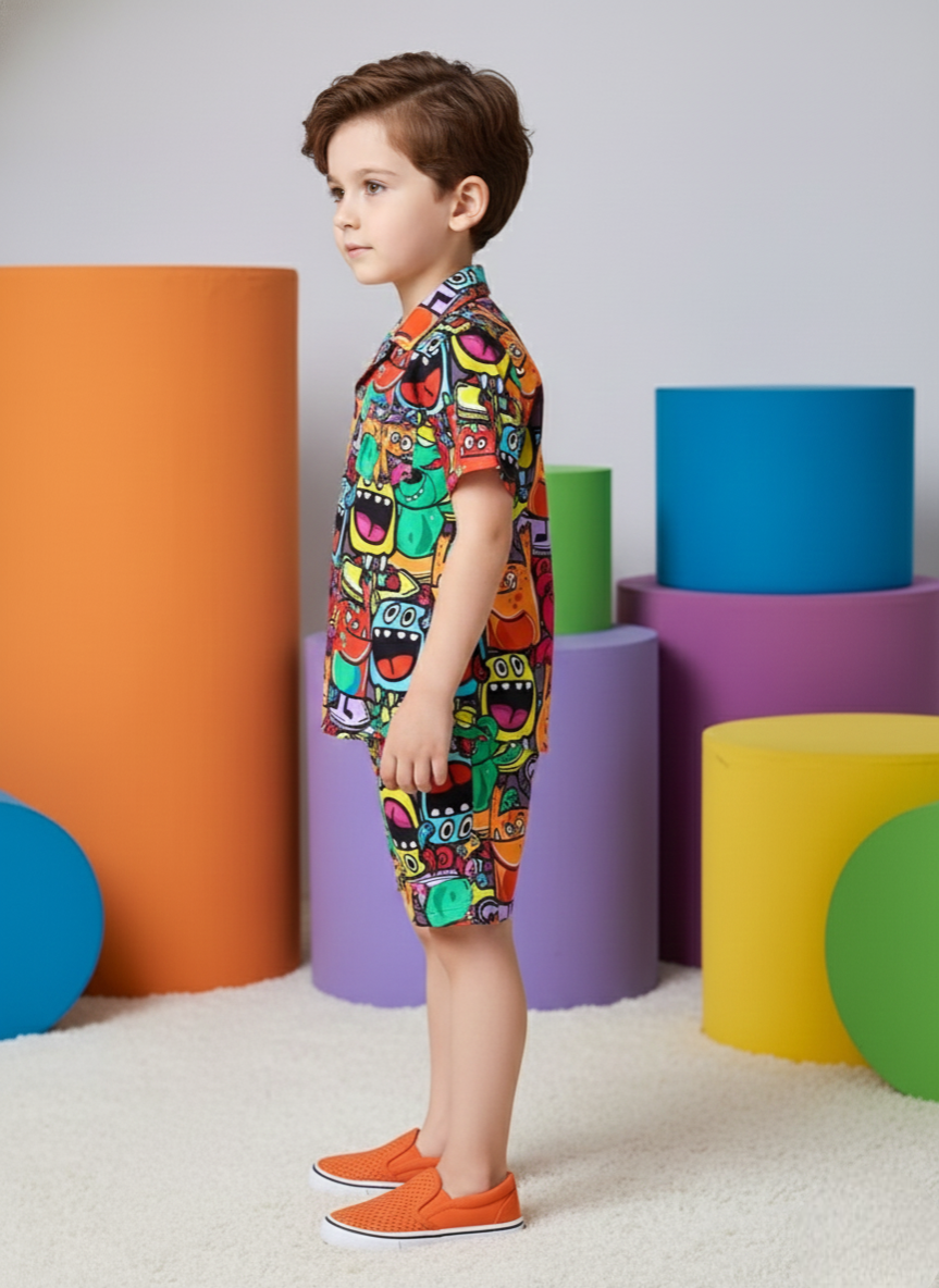 Multicolor Cartoon Printed Shirt & Shorts Co-ord Set for Boys
