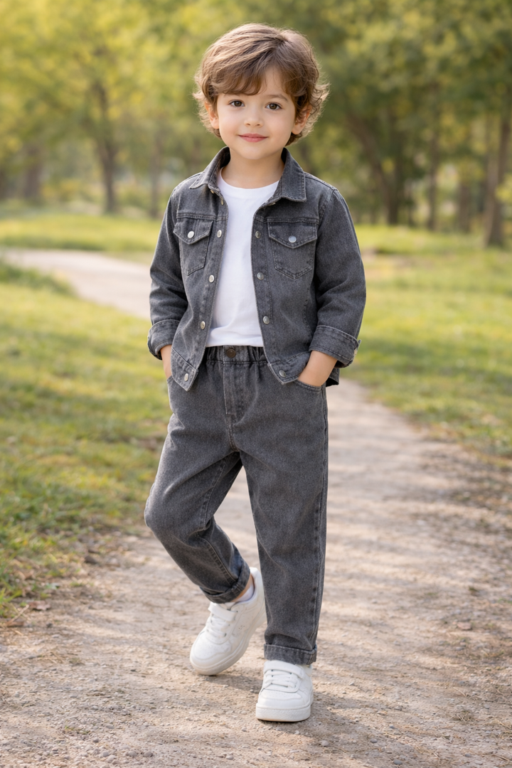 Kids Boys Grey Denim Jacket & Pant Set | Soft Washed Denim Fabric | Casual Party Wear Outfit | Comfortable Regular Fit | Age 0–5Years