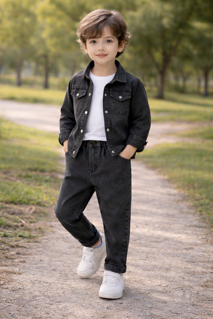 Kids Boys Black Denim Jacket & Pant Set | Soft Washed Denim Fabric | Casual Party Wear Outfit | Comfortable Regular Fit | Age 0-5 Years