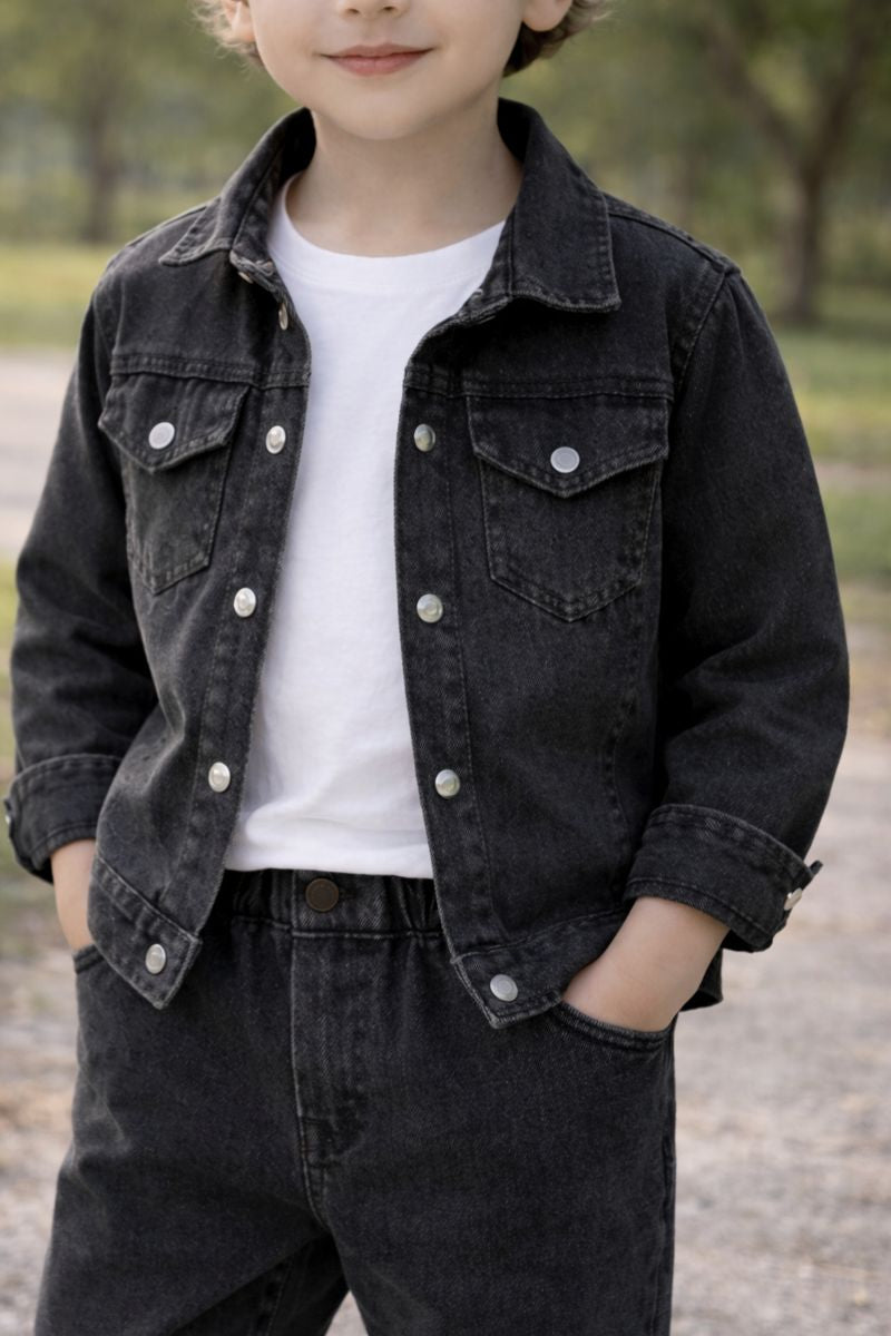 Kids Boys Black Denim Jacket & Pant Set | Soft Washed Denim Fabric | Casual Party Wear Outfit | Comfortable Regular Fit | Age 0-5 Years