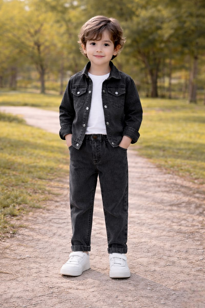 Kids Boys Black Denim Jacket & Pant Set | Soft Washed Denim Fabric | Casual Party Wear Outfit | Comfortable Regular Fit | Age 0-5 Years