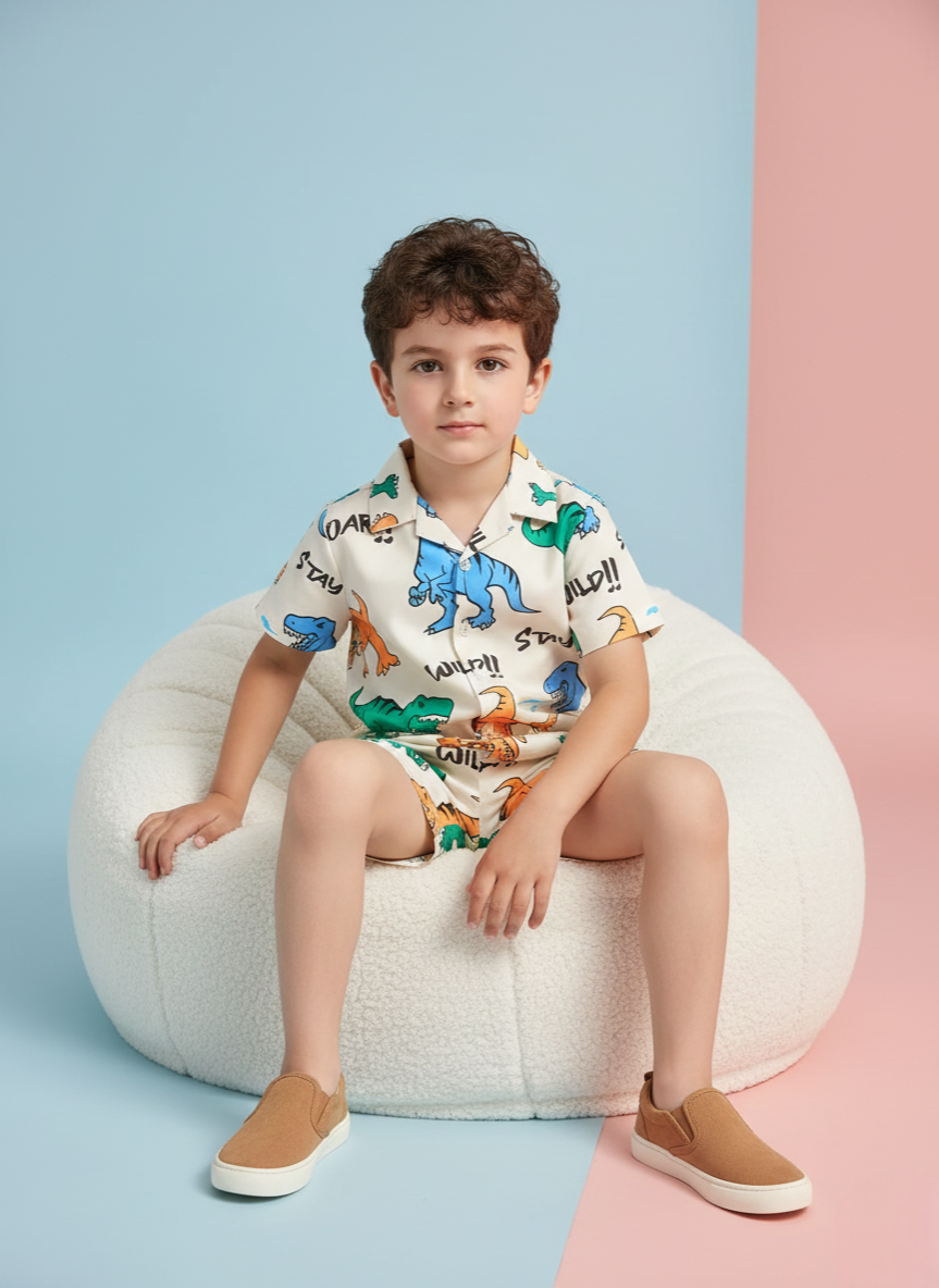 Dinosaur Print Cream Shirt & Shorts Co-ord Set