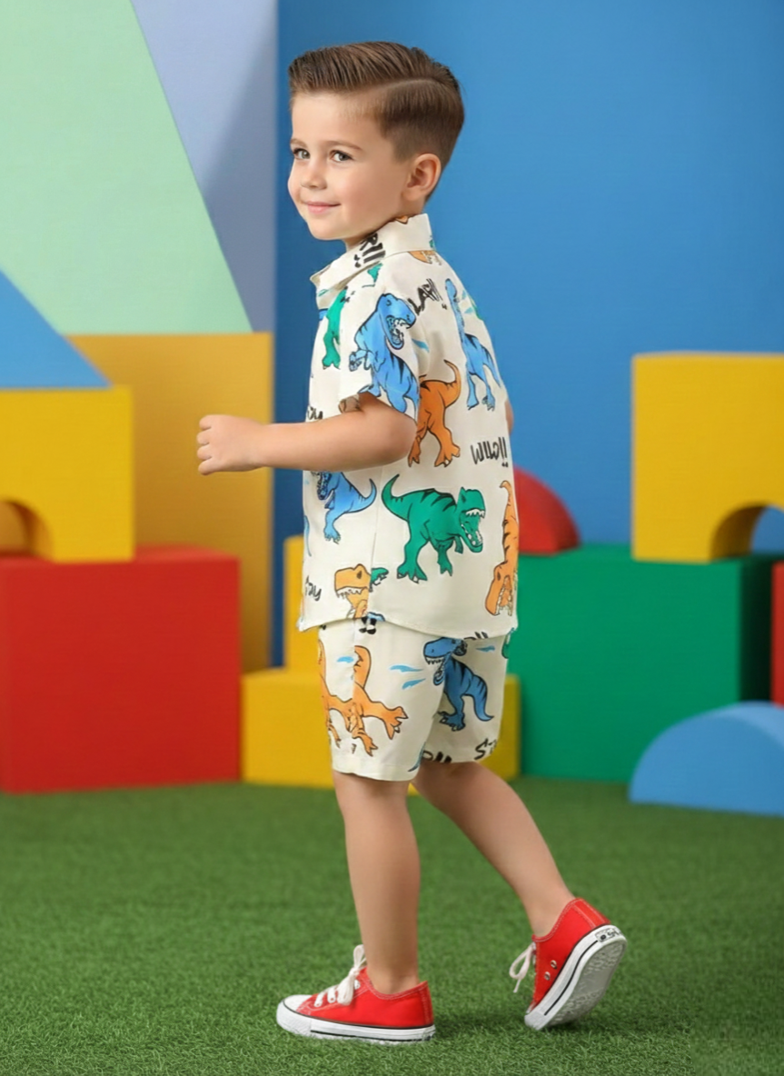 Dinosaur Print Cream Shirt & Shorts Co-ord Set