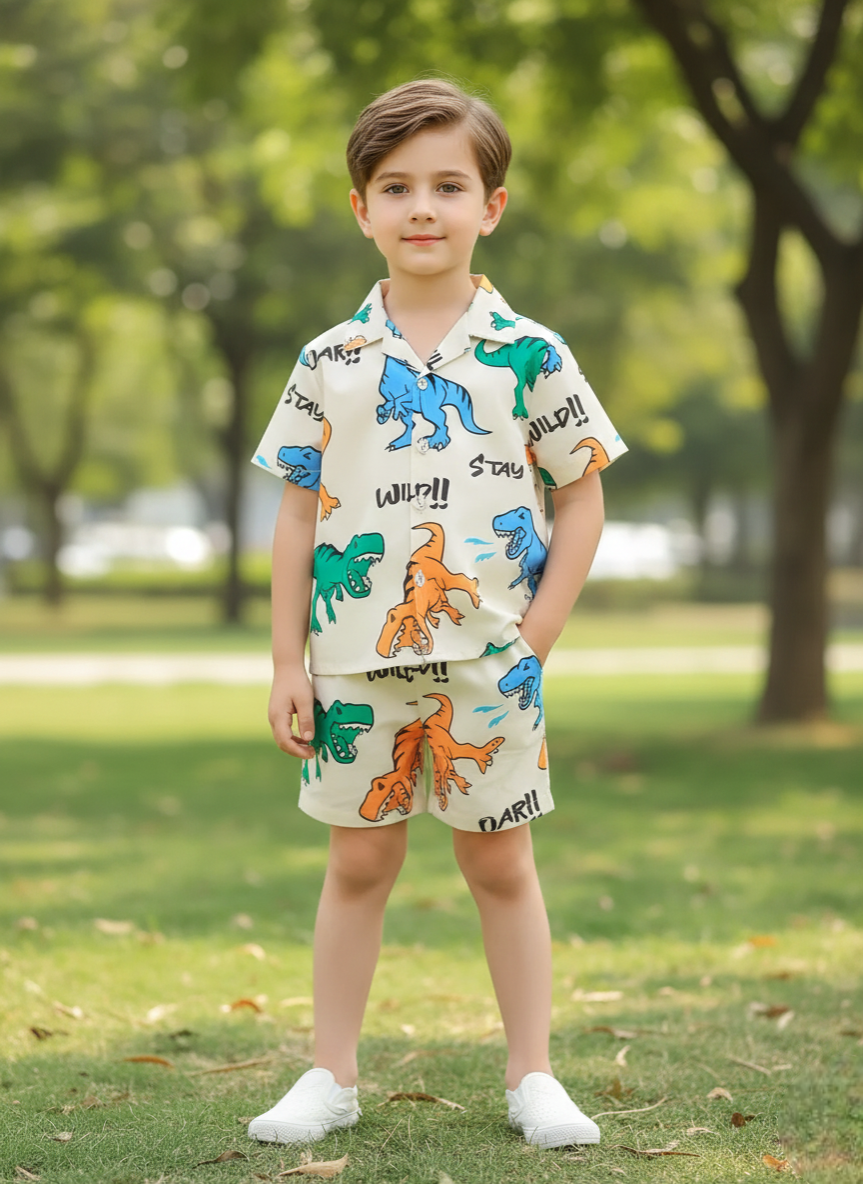 Dinosaur Print Cream Shirt & Shorts Co-ord Set