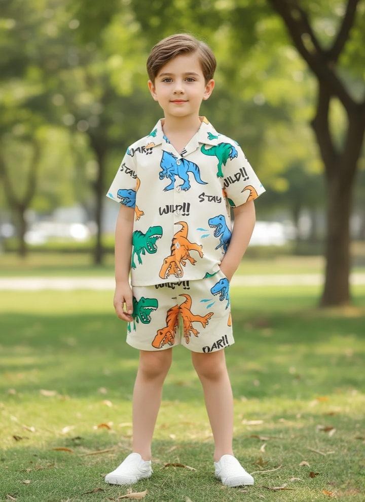 Dinosaur Print Cream Shirt & Shorts Co-ord Set