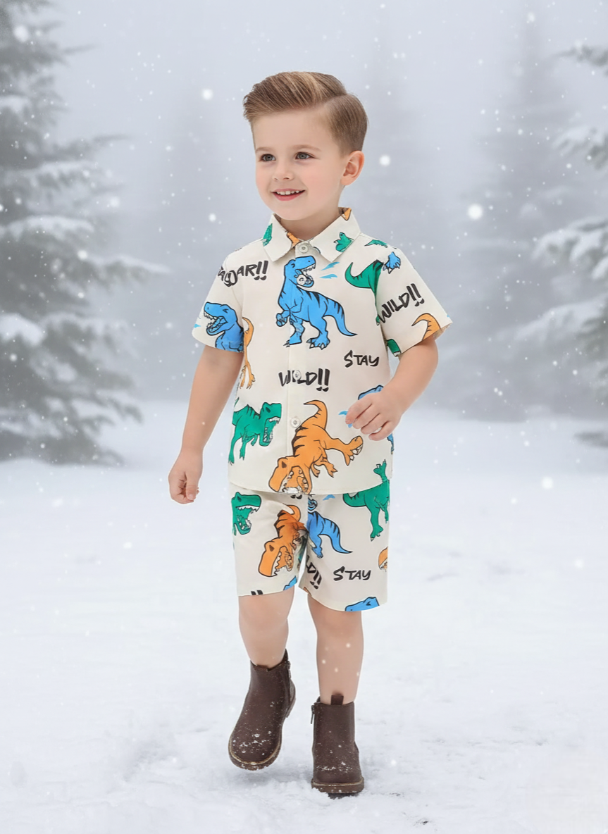 Dinosaur Print Cream Shirt & Shorts Co-ord Set