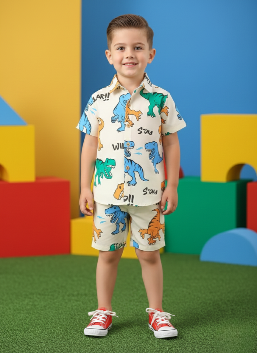 Dinosaur Print Cream Shirt & Shorts Co-ord Set