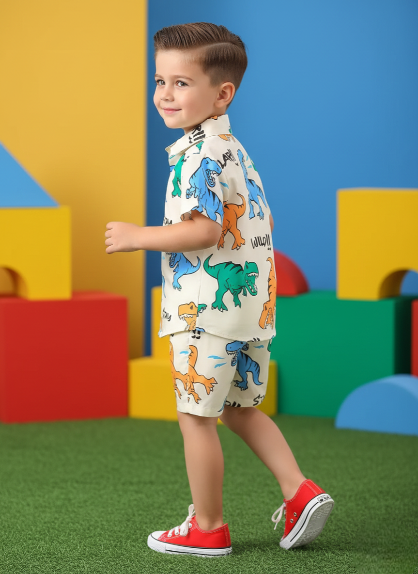 Dinosaur Print Cream Shirt & Shorts Co-ord Set