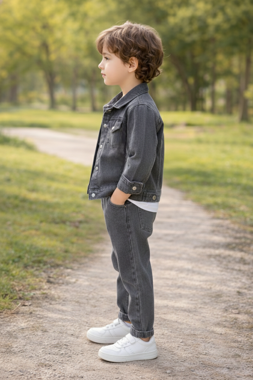 Kids Boys Grey Denim Jacket & Pant Set | Soft Washed Denim Fabric | Casual Party Wear Outfit | Comfortable Regular Fit | Age 0–5Years