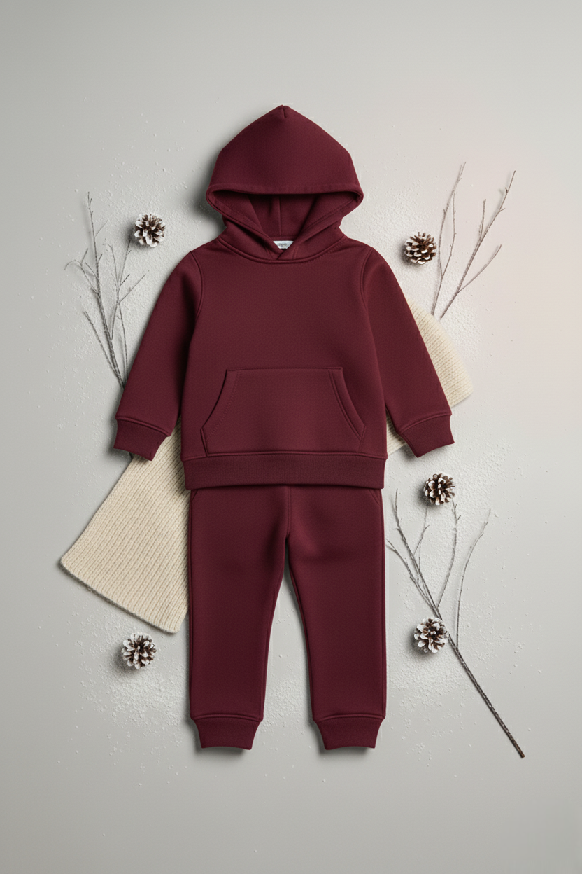 Boys Winter Cozy Fleece Warm Maroon Hoodie & Jogger Set