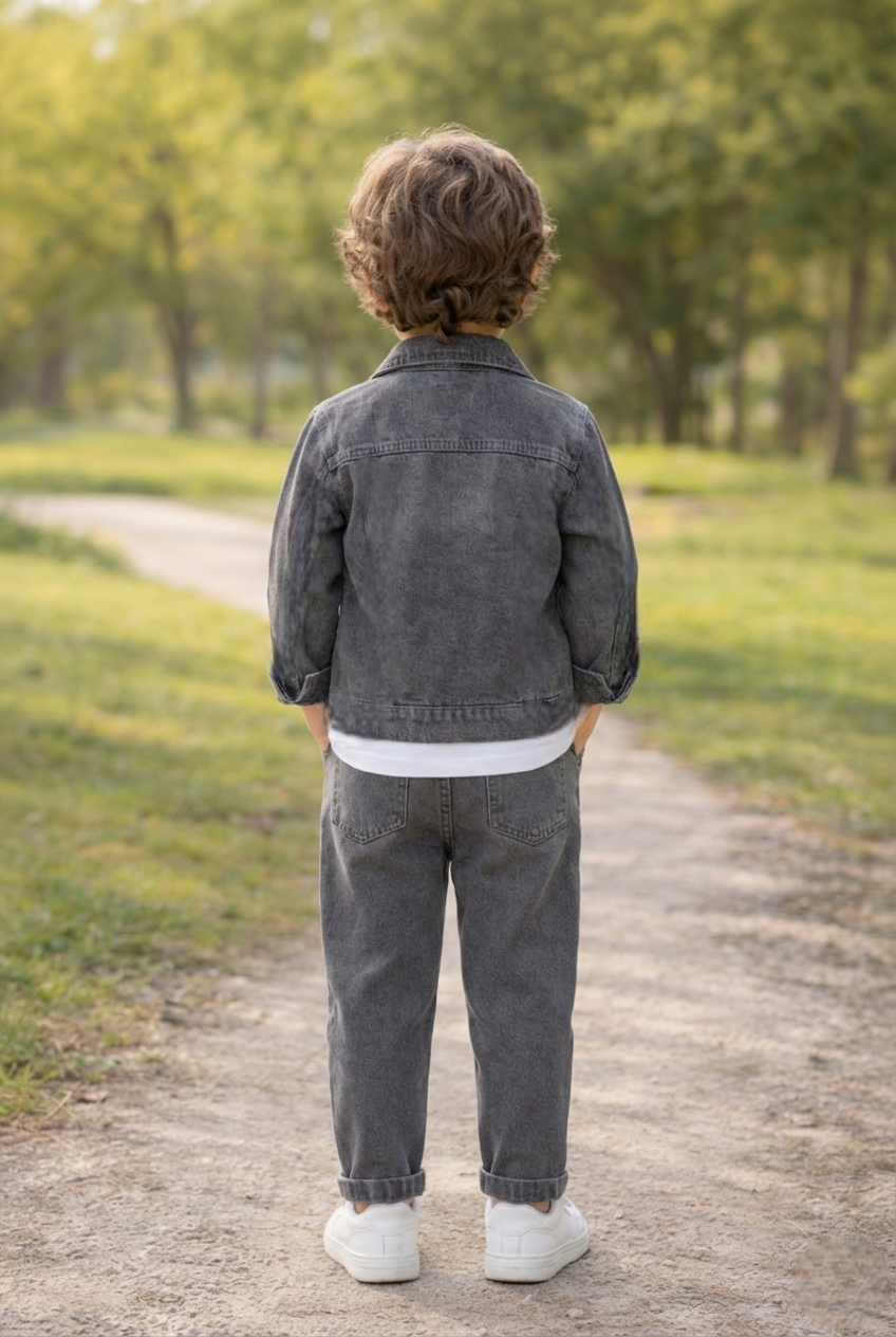 Kids Boys Grey Denim Jacket & Pant Set | Soft Washed Denim Fabric | Casual Party Wear Outfit | Comfortable Regular Fit | Age 0–5Years