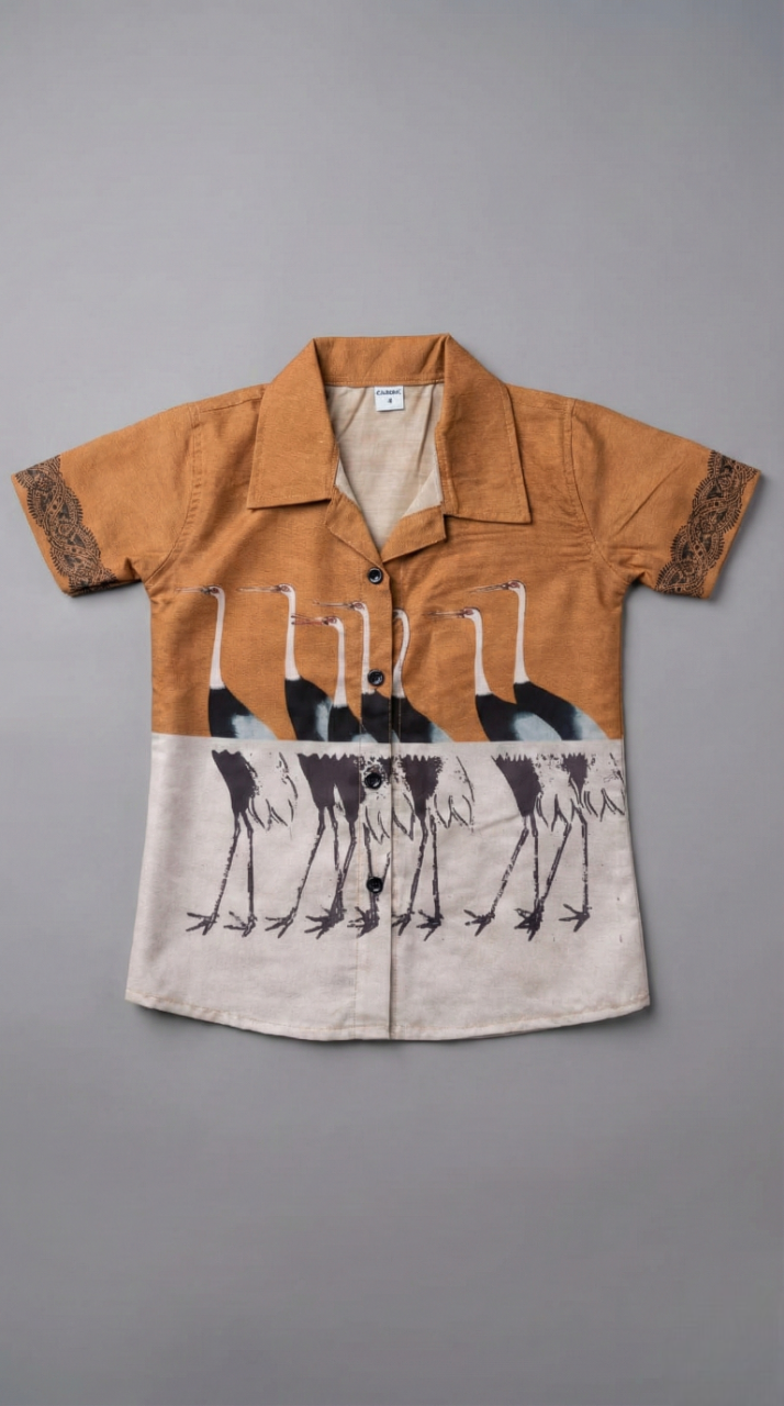 Boys' Artistic 'Golden Crane' Shirt – Two-Tone Nature Print