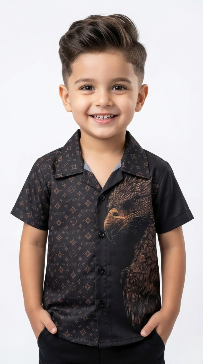 CABSNV Boys' Luxury Streetwear Shirt – Golden Eagle & Monogram Print