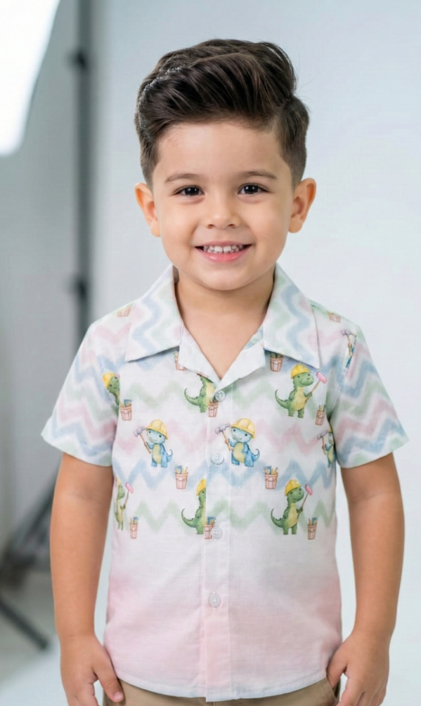 Boys' Pastel Zig-Zag Shirt with Cute Dino Graphics