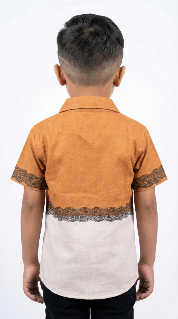 Boys' Artistic 'Golden Crane' Shirt – Two-Tone Nature Print