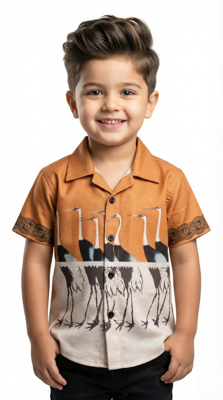 Boys' Artistic 'Golden Crane' Shirt – Two-Tone Nature Print