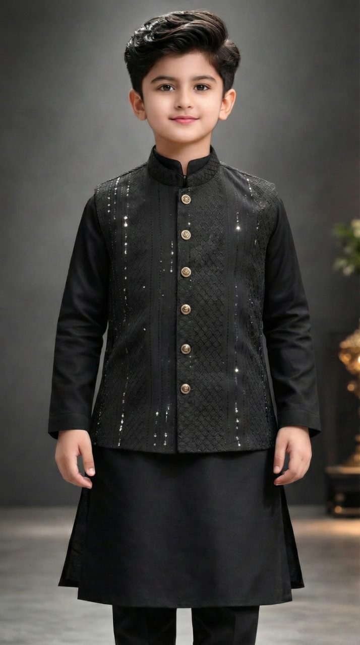 Panthers Boys Black Indo Western Kurta Set with Waistcoat | Festive & Party Wear for Kids