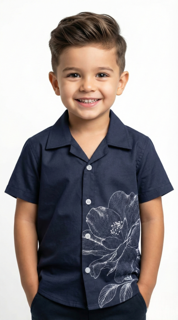Boys' Navy Party Shirt with Artistic White Flower