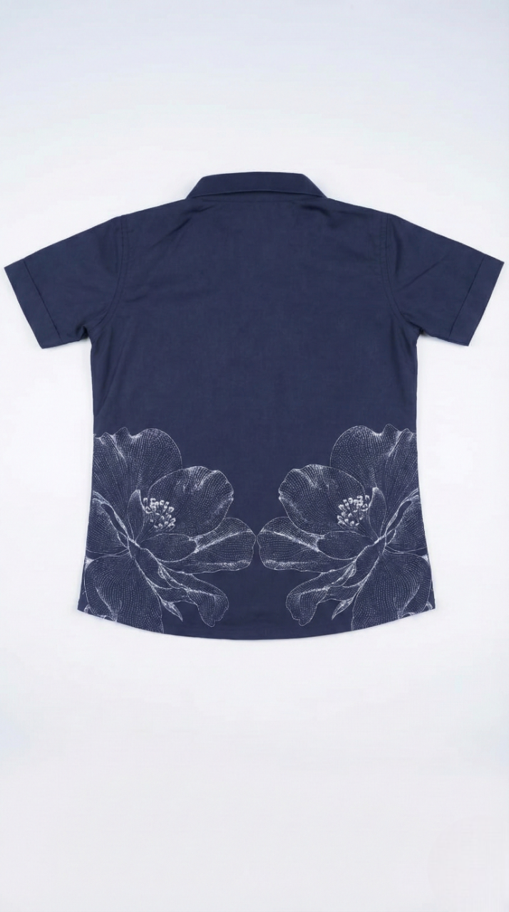 Boys' Navy Party Shirt with Artistic White Flower