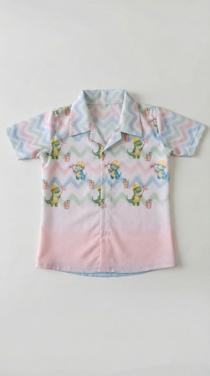 Boys' Pastel Zig-Zag Shirt with Cute Dino Graphics
