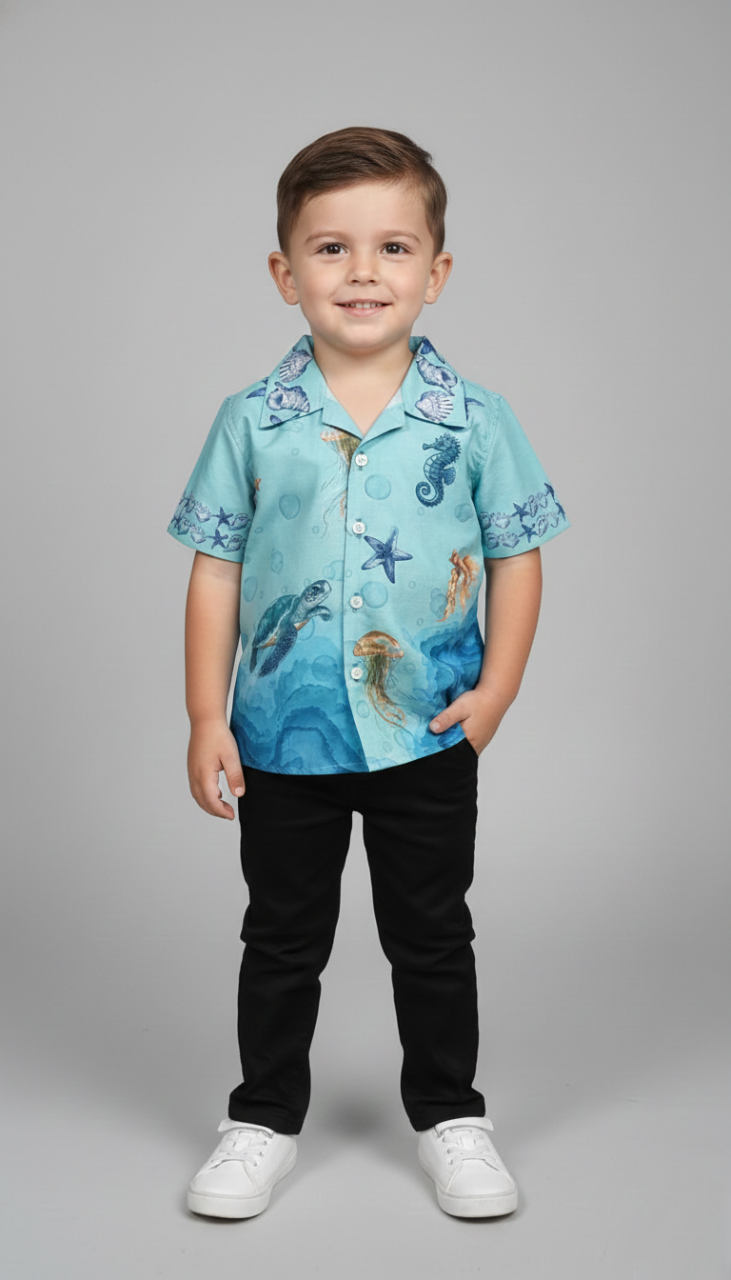 Boys' 'Sea World' Ocean Shirt – Blue Whale & Turtle Watercolor Print