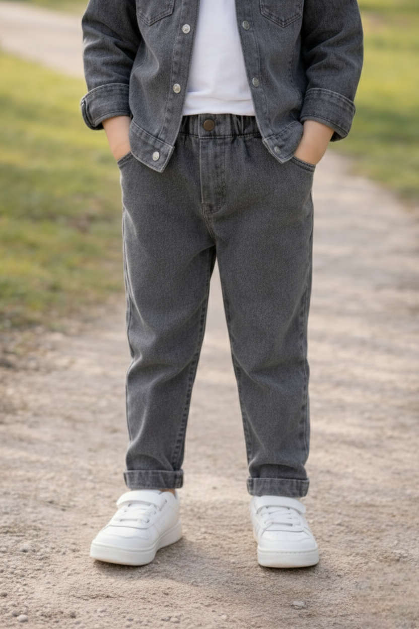 Kids Boys Grey Denim Jacket & Pant Set | Soft Washed Denim Fabric | Casual Party Wear Outfit | Comfortable Regular Fit | Age 0–5Years