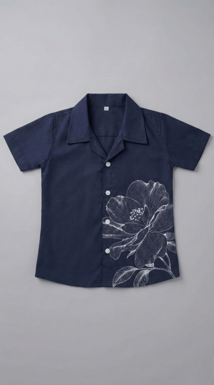 Boys' Navy Party Shirt with Artistic White Flower