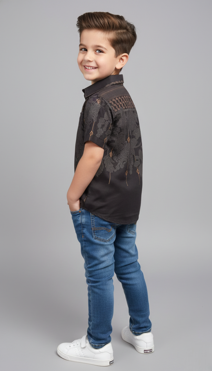 The 'Shadow Petal' Designer Shirt – Modern Ethnic Fusion for Boys